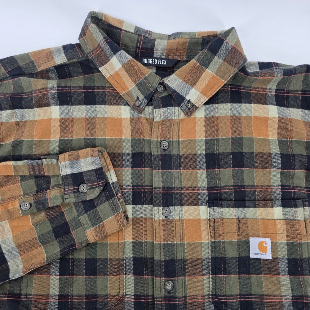 Carhartt Rugged Flex Relaxed Fit Plaid Flannel Shirt 3XL Tall Green Brown